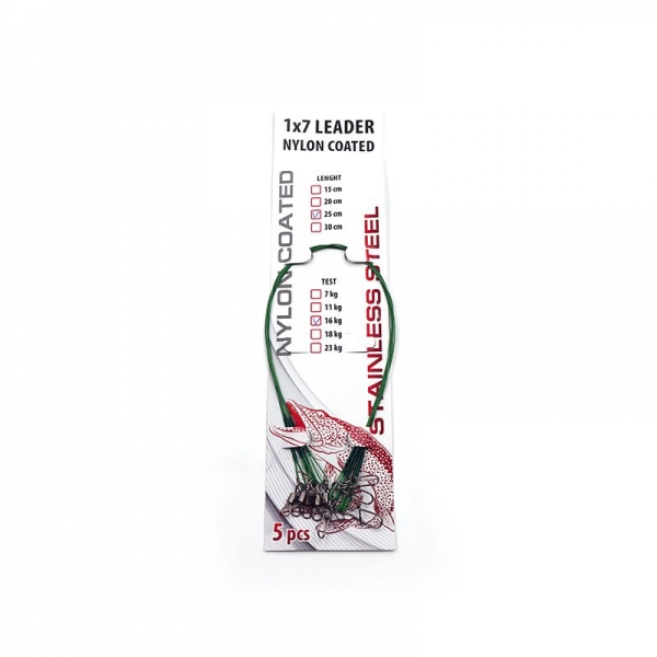 Поводок стальной NAMAZU Leader 1х7 Nylon Coated Green, d-0,36 мм, L-30 см, test- 16 кг (уп. 5 шт.), N-17LSG36-30L