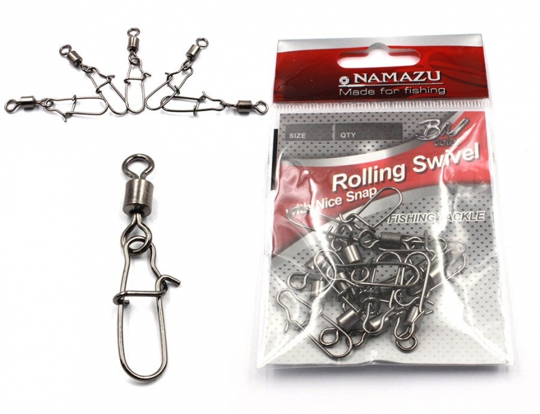 Вертлюг с застежкой Namazu ROLLING SWIVEL WITH NICE SNAP, цв. BN, р. 4, test-43 кг (уп.10 шт), N-FT-CSNS4