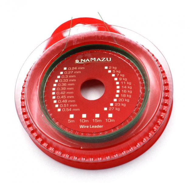 Поводковый материал Namazu 1х7, проволока d-0,51 мм,внешн d-0,67 мм,L-5 м,тест 27 кг,цв.зеленый, N-FTAF-376