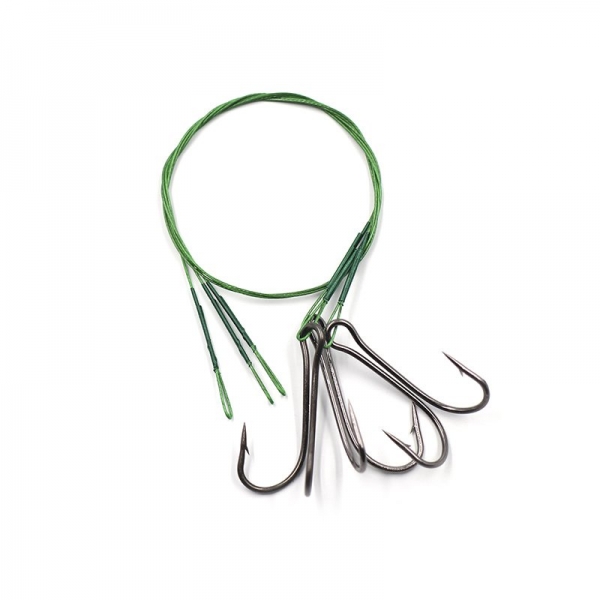Поводок стальной NAMAZU Leader 1х7 Nylon Coated Green, d-0,42 мм, L-30 см, с двойным крючком 7826 Do, N-LS42-30D2/0L