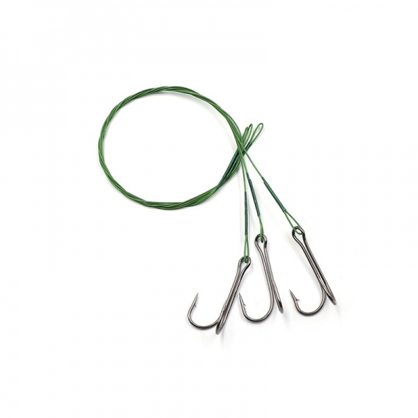 Поводок стальной NAMAZU Leader 1х7 Nylon Coated Green, d-0,42 мм, L-40 см, с двойным крючком 7826 Do, N-LS42-40D1/0L