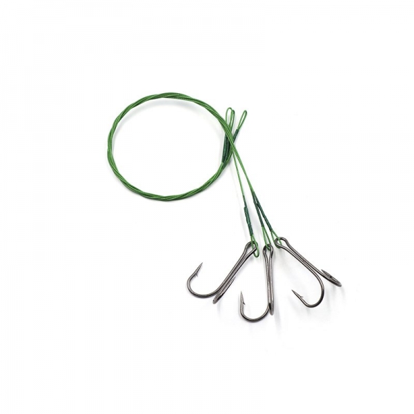 Поводок стальной NAMAZU Leader 1х7 Nylon Coated Green, d-0,48 мм, L-40 см, с двойным крючком 7826 Do, N-LS48-40D2/0L