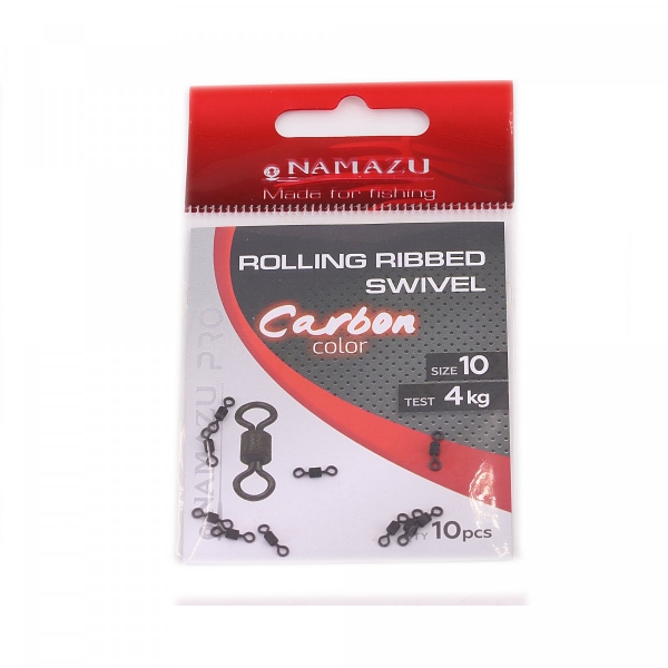 Вертлюг Namazu Pro ROLLING RIBBED SWIVEL, латунь, цв. Carbon, р. 10, test-4 кг (уп. 10 шт.), NP-FT-RRS10C