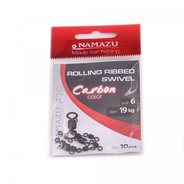 Вертлюг Namazu Pro ROLLING RIBBED SWIVEL, латунь, цв. Carbon, р. 6, test-19 кг (уп. 10 шт.), NP-FT-RRS6C