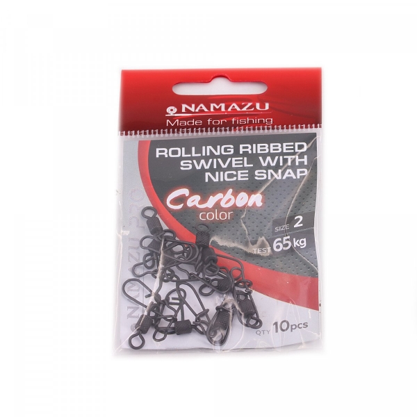 Вертлюг с застежкой Namazu Pro ROLLING RIBBED SWIVEL WITH NICE SNAP, цв. Carbon, р. 2, test-65 кг, к, NP-FT-RSNS2C