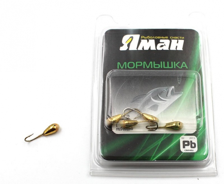 Мормышка "ЯМАН" капля с отв.,цв.GOLD PLATED, с фосф. пяткой, d 3, вес 0,2 г (уп. 5 шт.), Я-МР0141